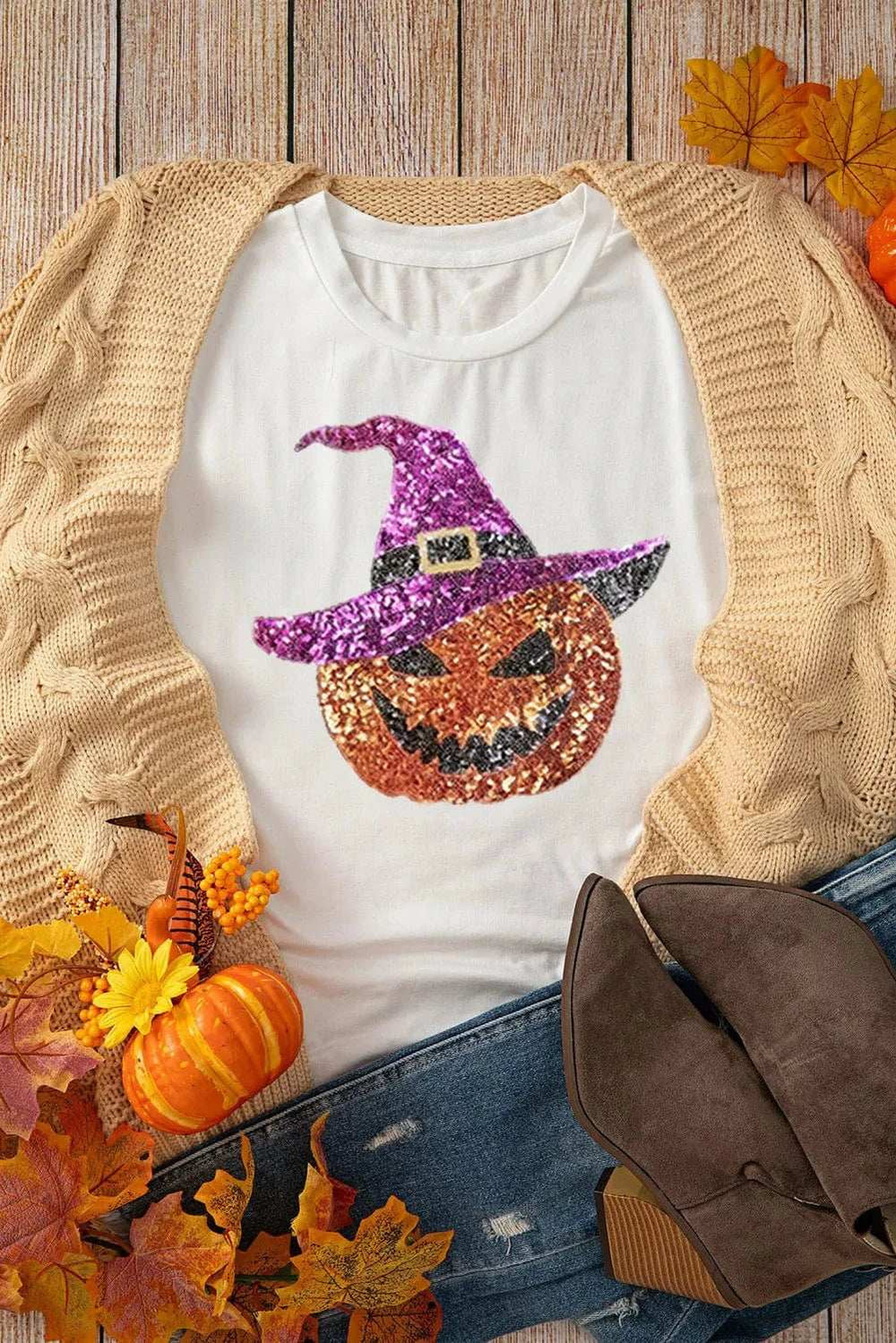 Sequin Pumpkin Round Neck Short Sleeve T-Shirt - Trendsi - Flyclothing LLC