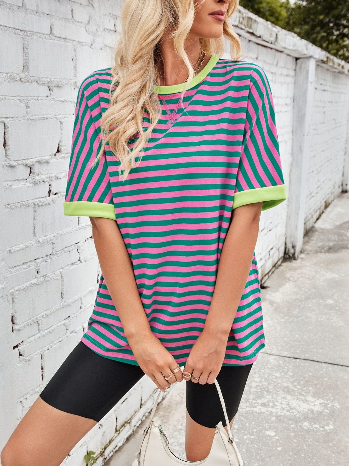 Lovelet Striped Round Neck Half Sleeve T-Shirt - Trendsi