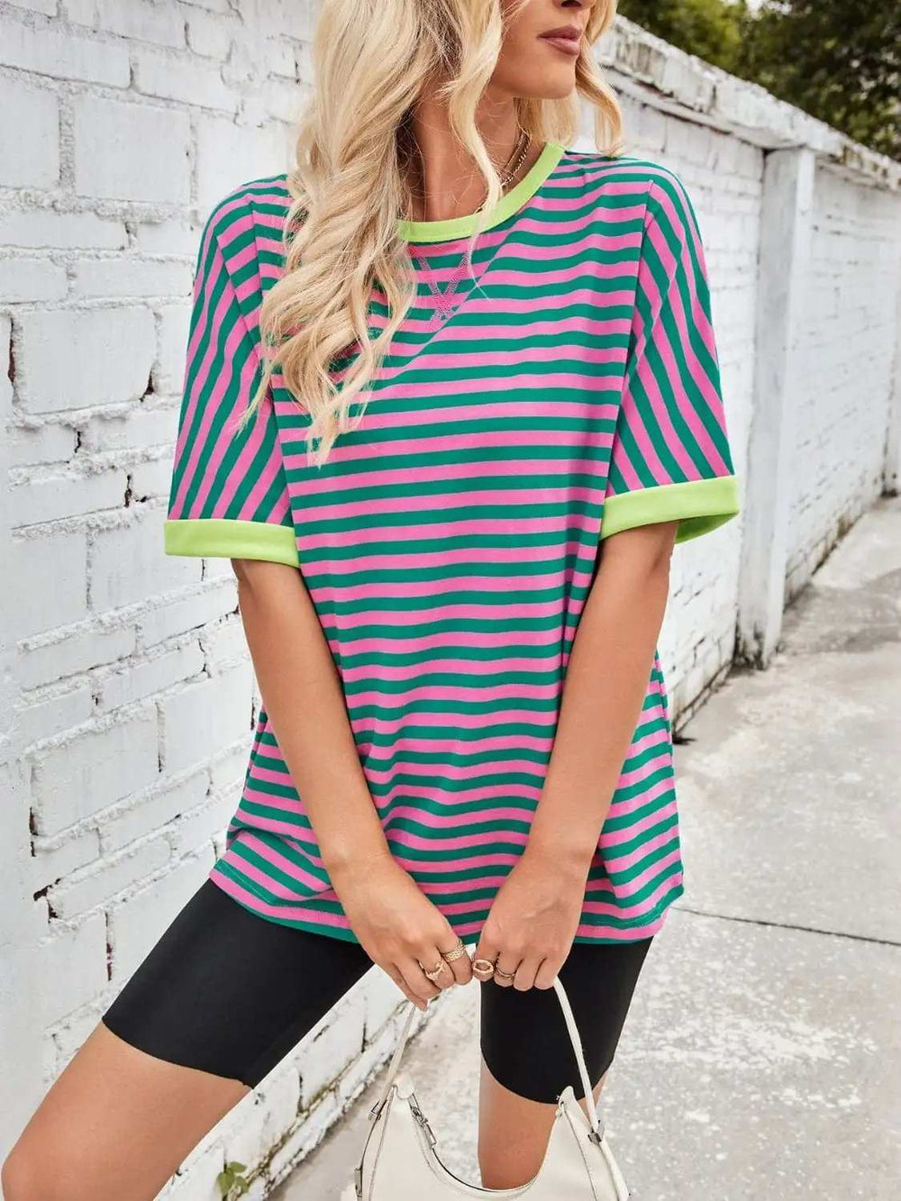 Lovelet Striped Round Neck Half Sleeve T-Shirt - Trendsi - Flyclothing LLC