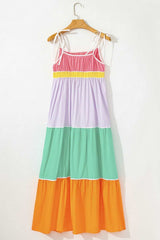 Color Block Flowy Tiered Maxi Dress with Pockets - Trendsi - Flyclothing LLC
