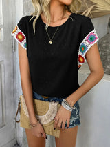 Devine Swiss Dot Round Neck Crochet Short Sleeve Top - Trendsi - Flyclothing LLC