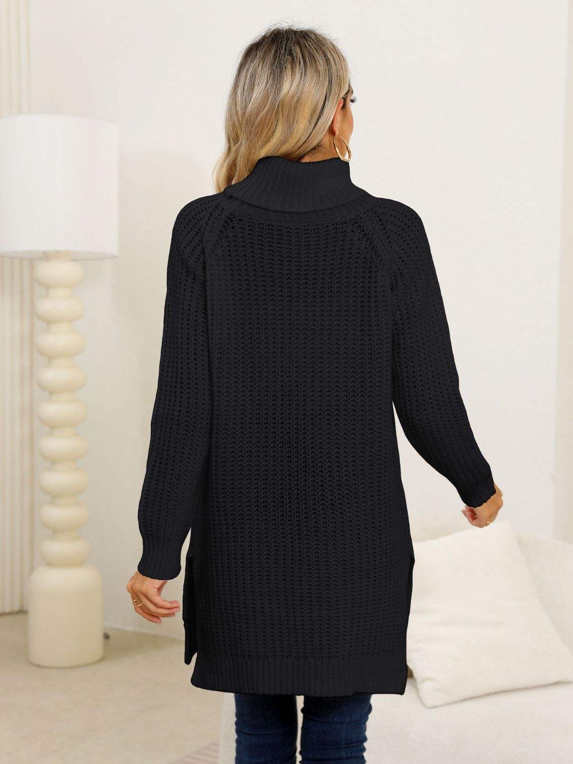 Slit Turtleneck Long Sleeve Sweater - Trendsi - Flyclothing LLC