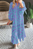 Smocked Printed Tie Neck Long Sleeve Dress - Trendsi - Flyclothing LLC