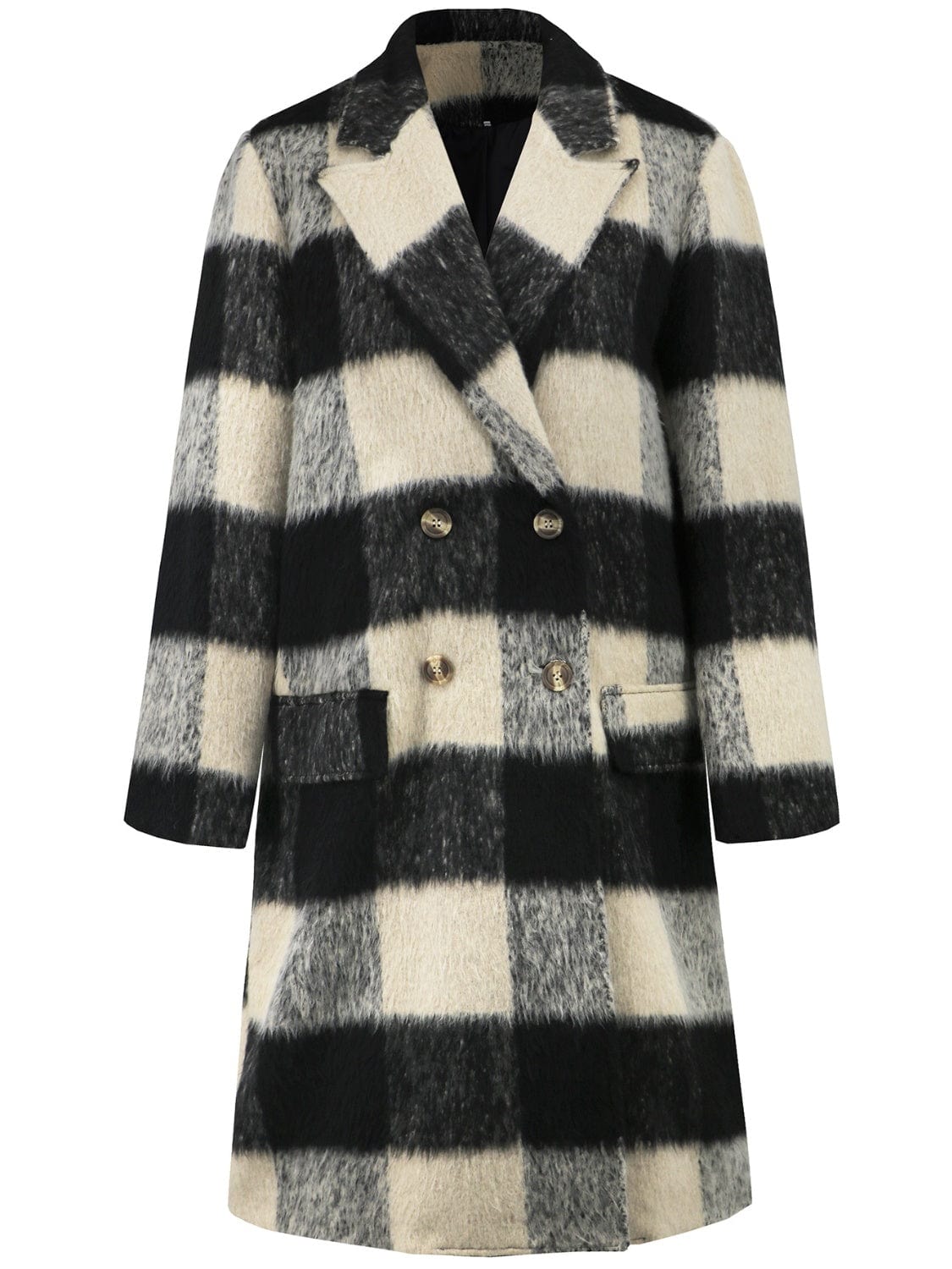 Plaid Double-Breasted Long Sleeve Coat - Trendsi