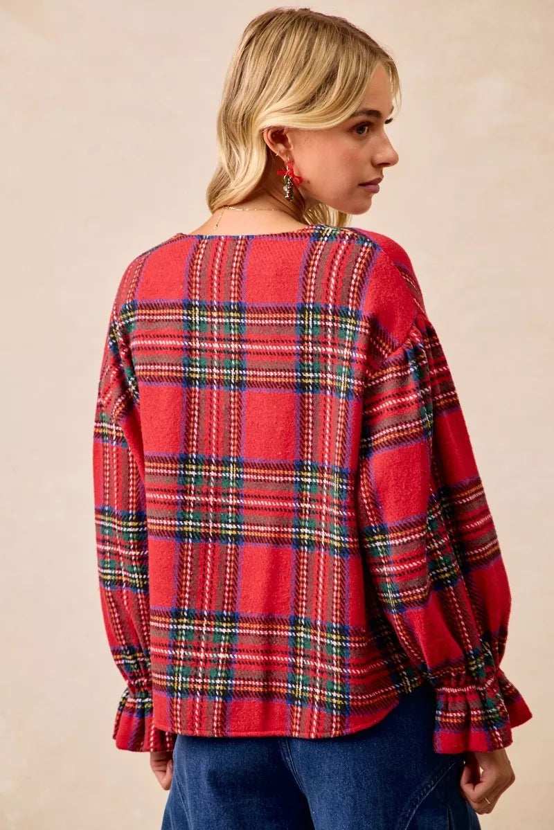 BiBi Christmas Plaid V-Neck Flounce Sleeve Jacket - Trendsi - Flyclothing LLC