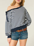 Striped Off-Shoulder Ribbon Accent Sweatshirt - Trendsi - Flyclothing LLC