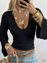 Slim Fit Flare Sleeve Top - Trendsi - Flyclothing LLC