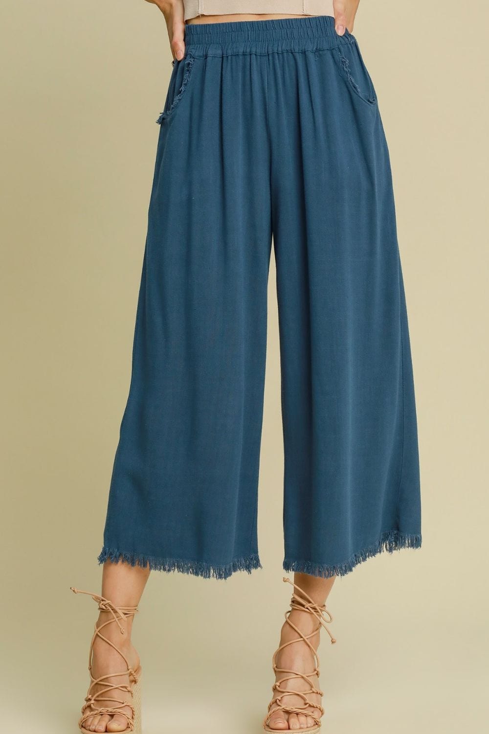 Umgee Full Size Linen Blend Elastic Waistband Wide Leg Pants Plus Size - Trendsi