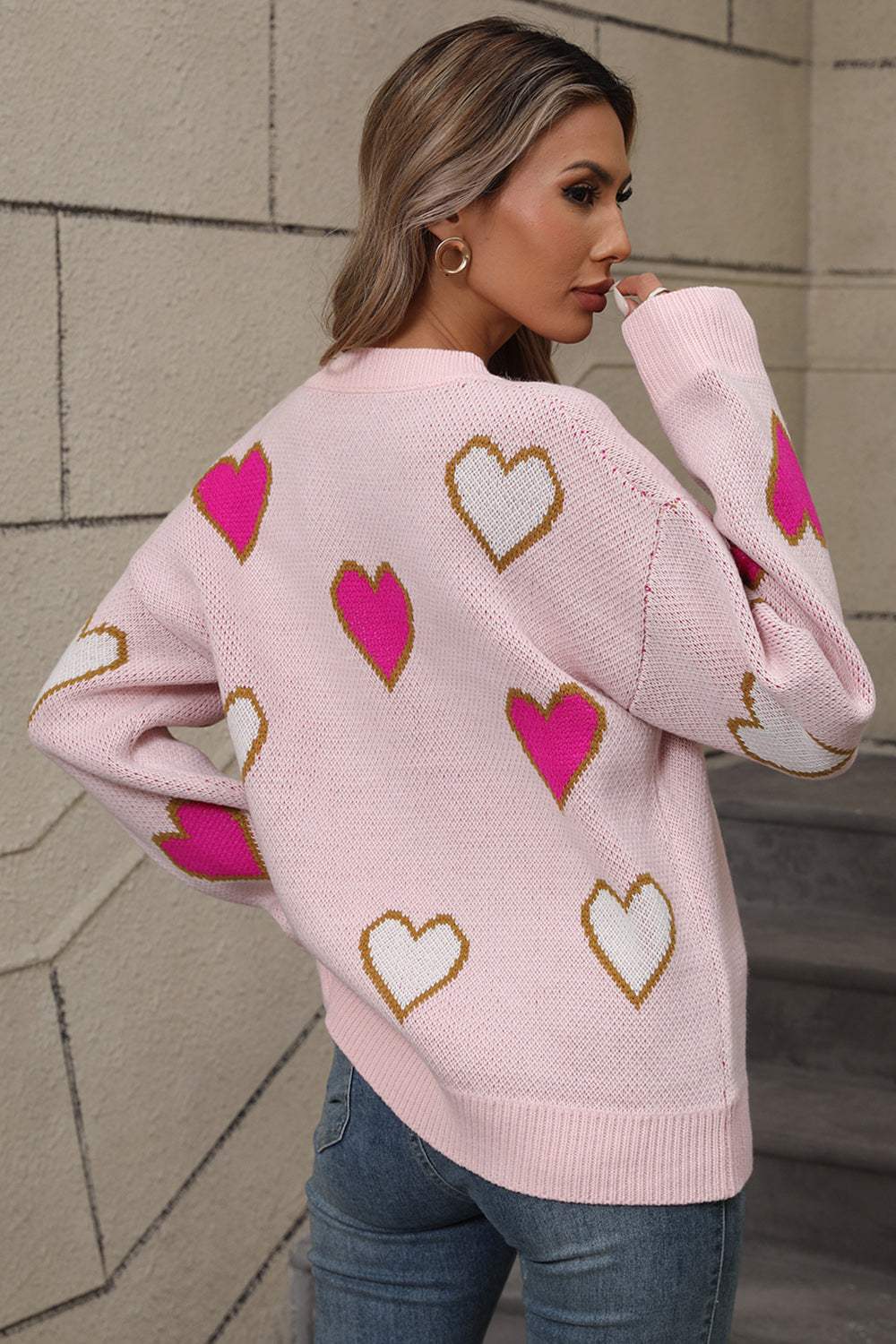 Angel Wings Contrast Heart Round Neck Long Sleeve Sweater - Trendsi - Flyclothing LLC