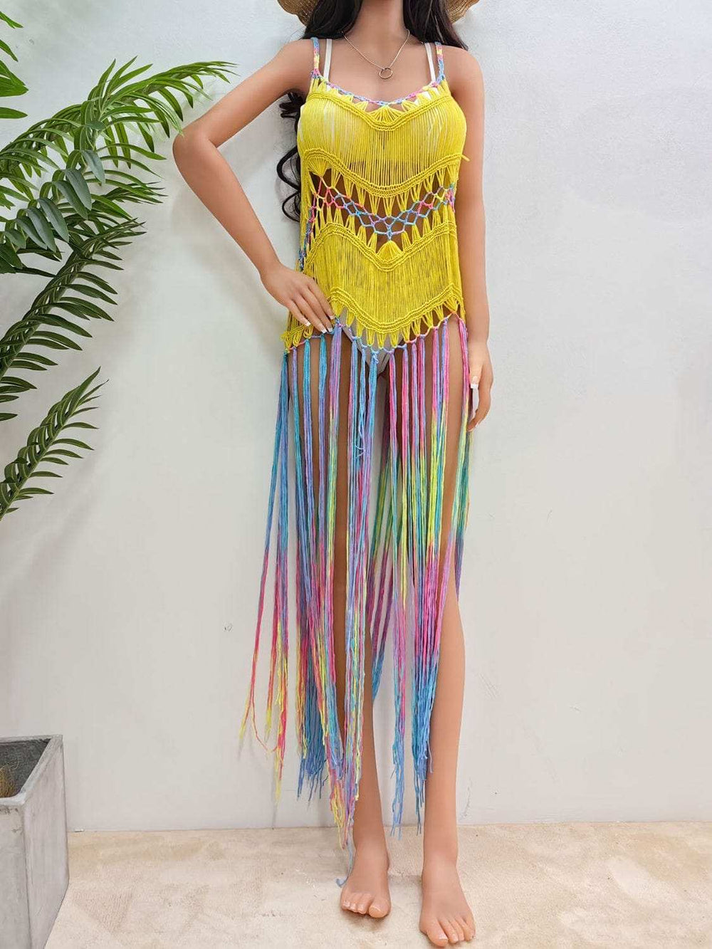 Fringe Scoop Neck Spaghetti Strap Cover-Up - Trendsi - Flyclothing LLC