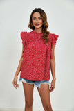 Ruffled Ditsy Floral Mock Neck Cap Sleeve Blouse - Trendsi - Flyclothing LLC