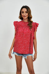 Ruffled Ditsy Floral Mock Neck Cap Sleeve Blouse - Trendsi