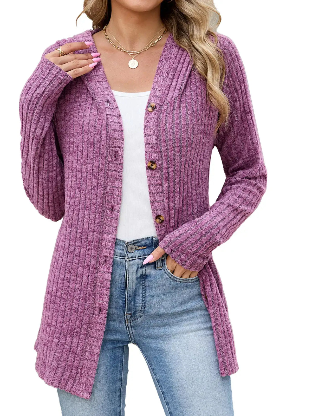 Ribbed Knit Hooded Button-Down Cardigan - Trendsi - Flyclothing LLC