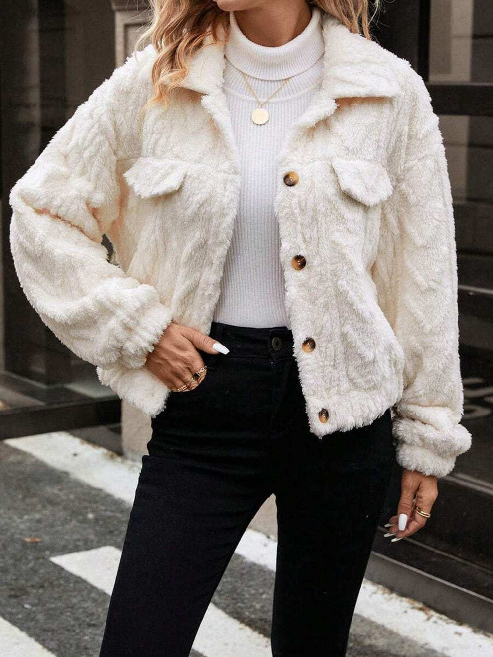 Button Up Long Sleeve Fuzzy Outerwear - Trendsi - Flyclothing LLC