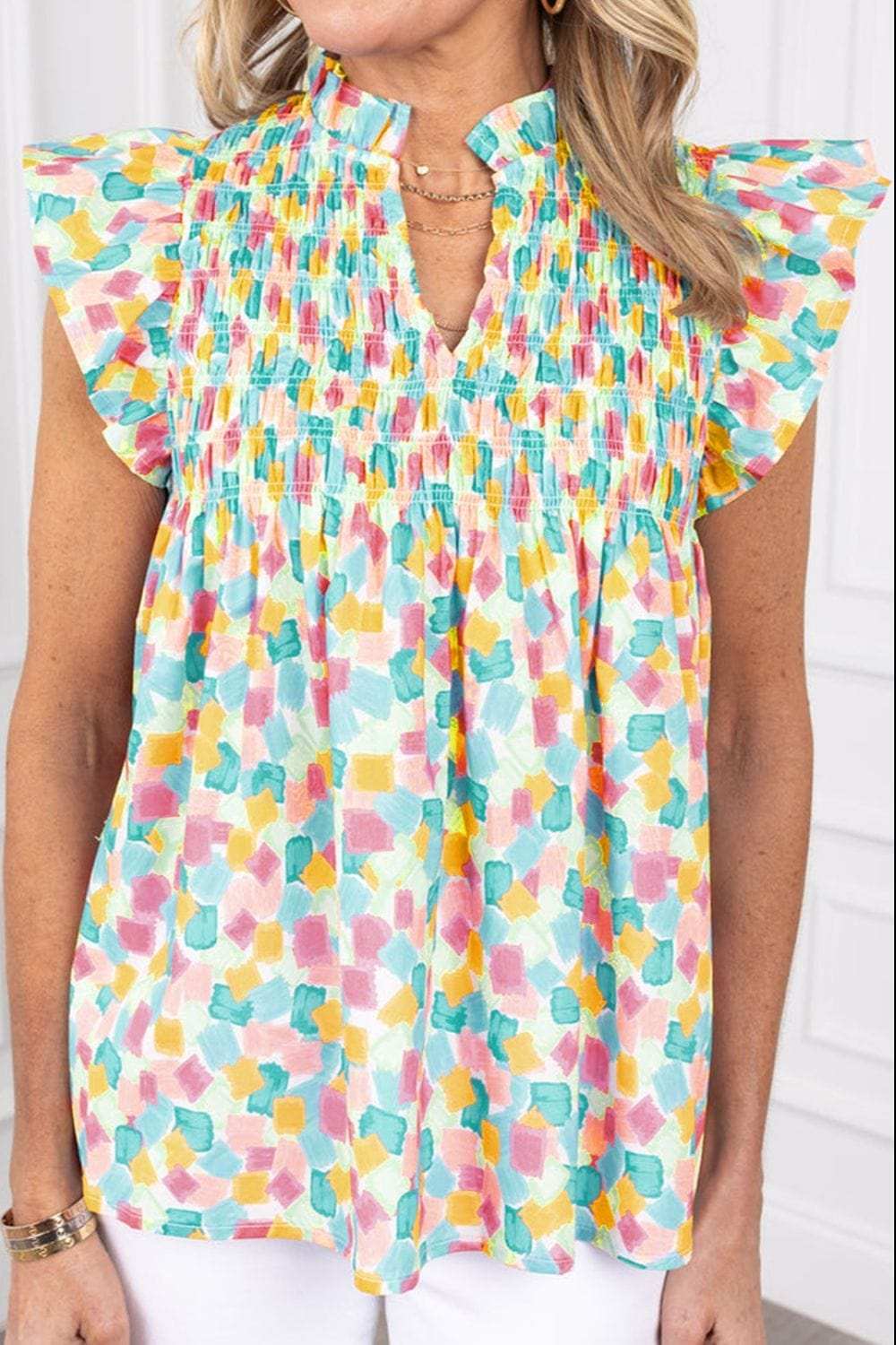 Ruffled Printed Notched Cap Sleeve Blouse - Trendsi - Flyclothing LLC