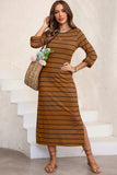 Slit Striped Round Neck Midi Dress - Trendsi - Flyclothing LLC