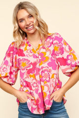 Haptics Full Size Frill Floral Puff Sleeve Blouse - Trendsi
