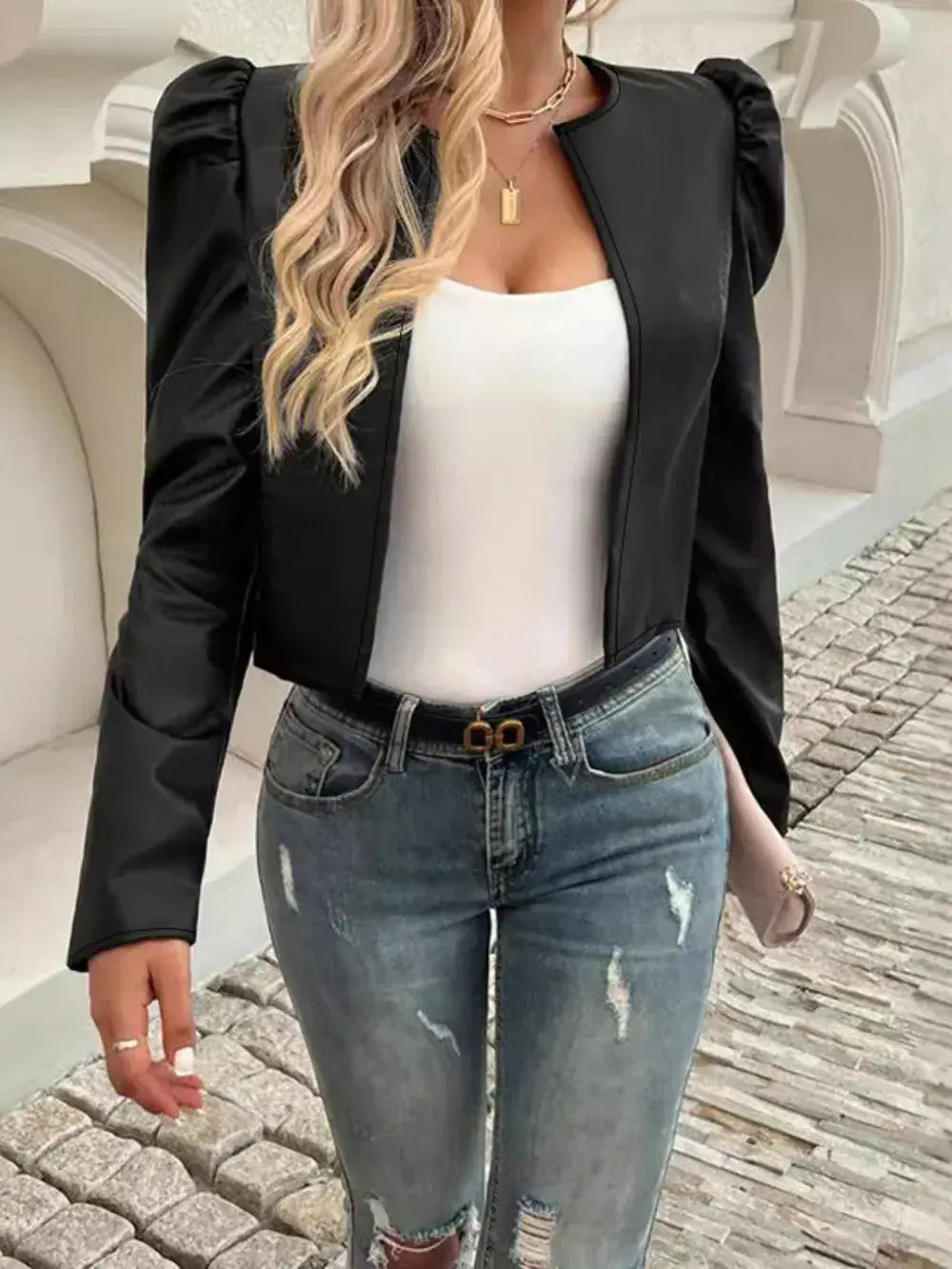 PU Leather Open Front Puff Sleeve Jacket - Trendsi - Flyclothing LLC