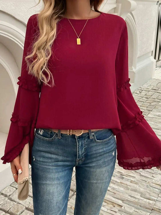 Devine Frill Round Neck Long Sleeve Top - Trendsi - Flyclothing LLC