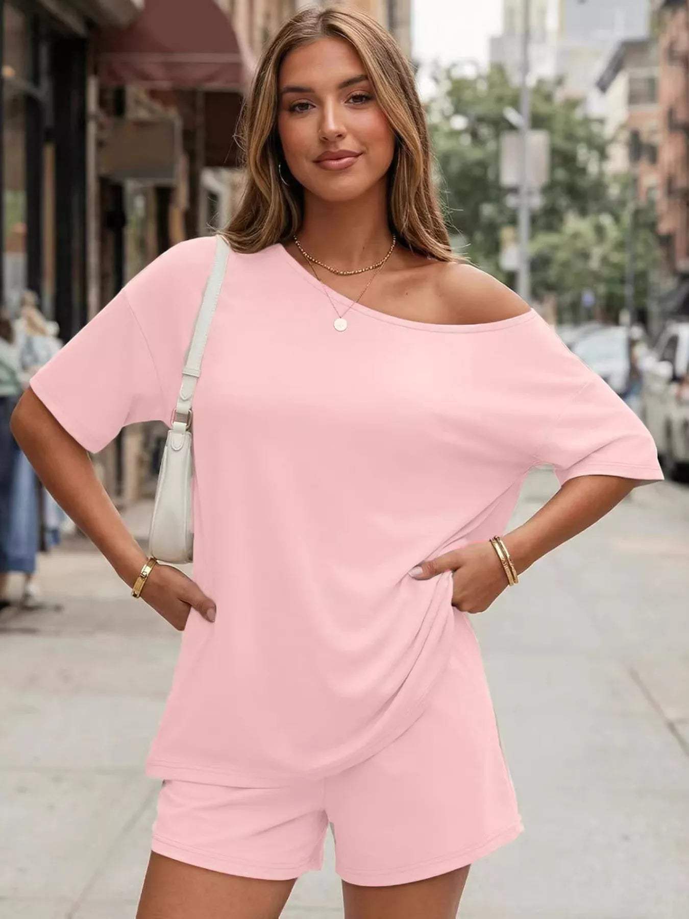 Full Size Boat Neck Tee and Shorts Set Plus Size - Trendsi - Flyclothing LLC