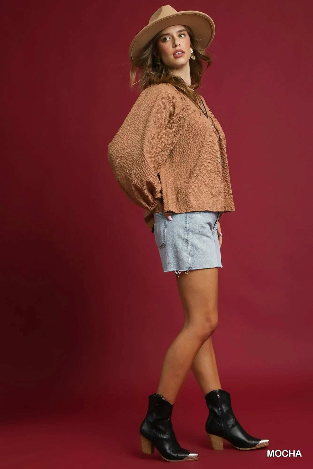 Umgee Textured Notched Blouse with Balloon Sleeves - Trendsi - Flyclothing LLC