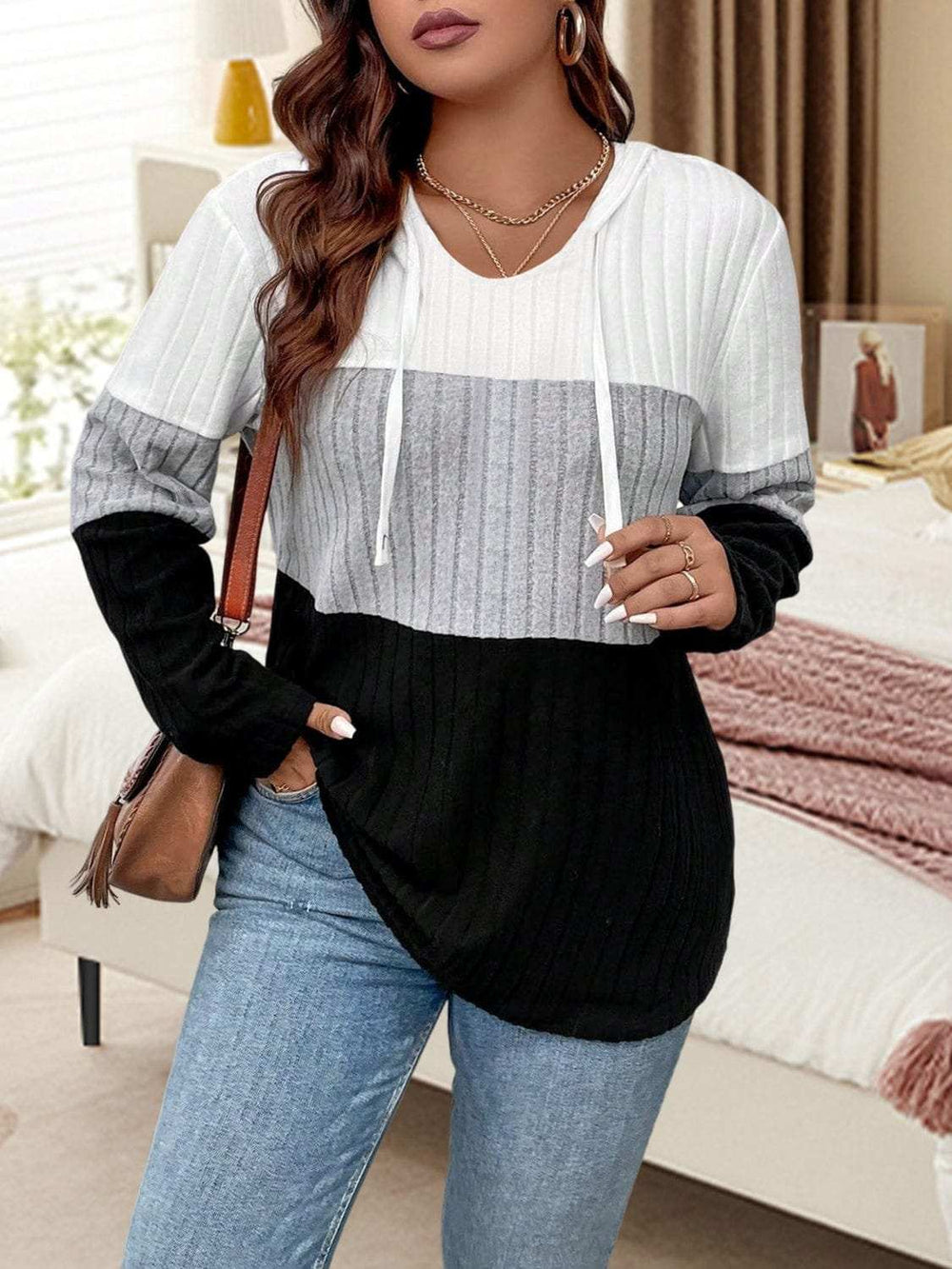 Plus Size Drawstring Color Block Long Sleeve Hooded Top - Trendsi - Flyclothing LLC