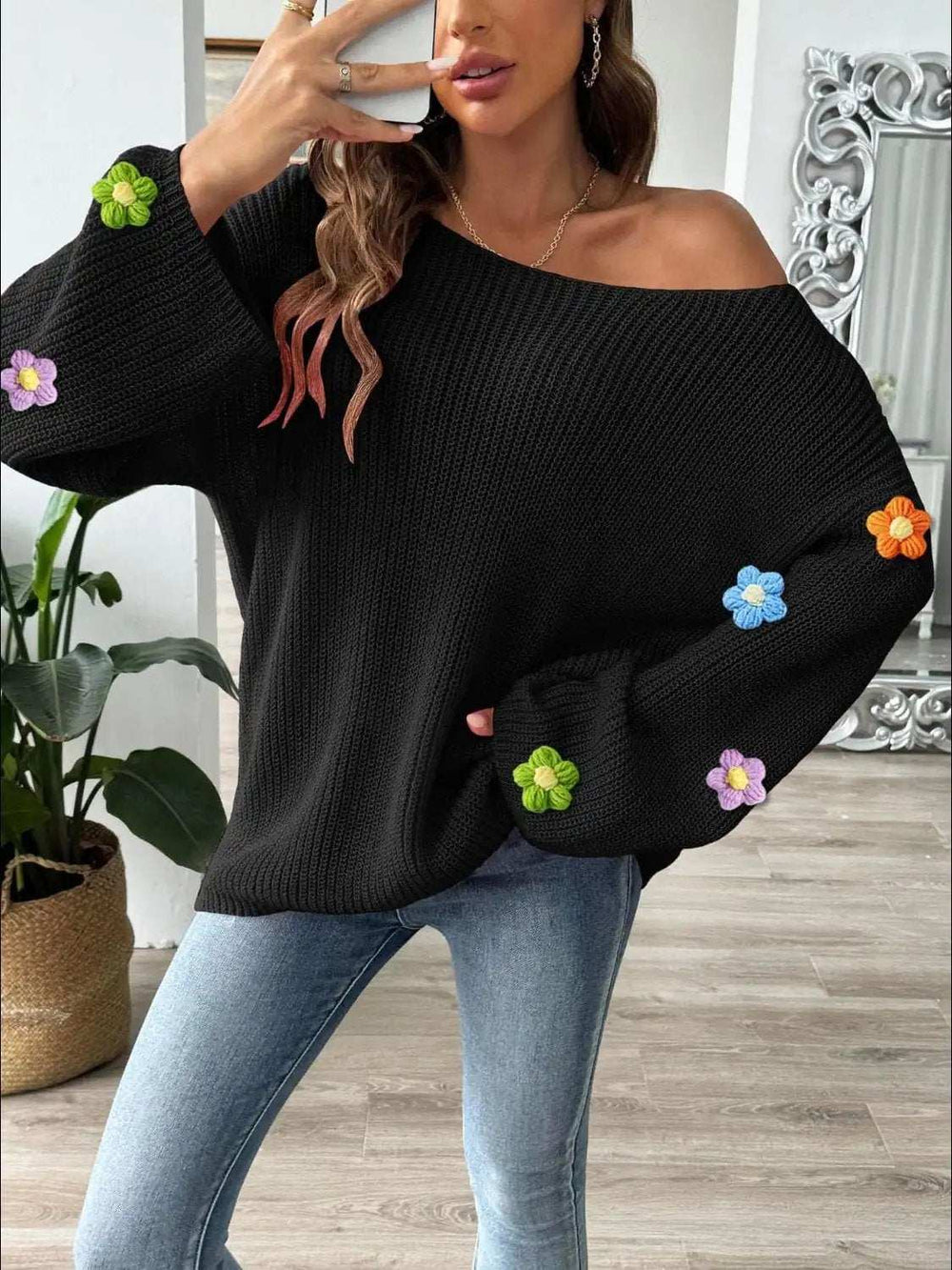 Flower Round Neck Long Sleeve Sweater - Trendsi - Flyclothing LLC