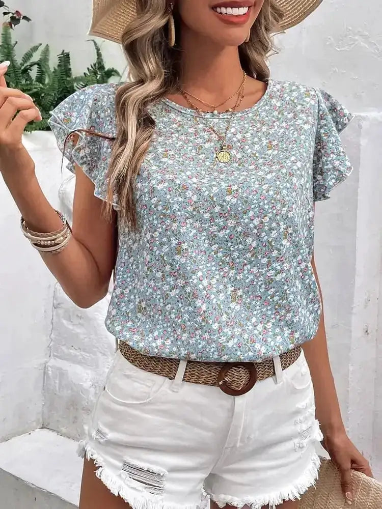 Ditsy Floral Round Neck Cap Sleeve Top - Trendsi