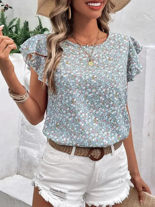 Ditsy Floral Round Neck Cap Sleeve Top - Trendsi