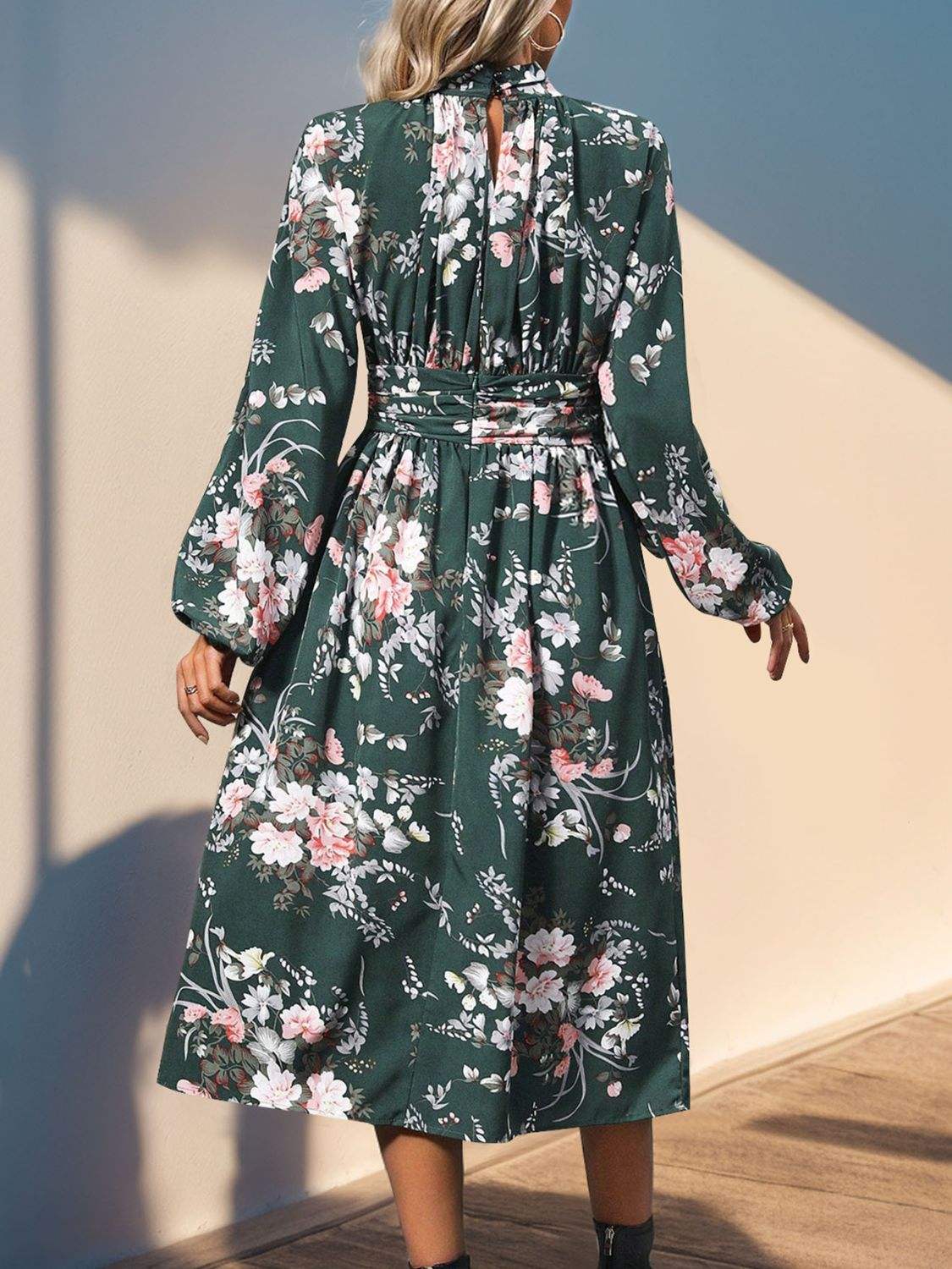 Ruched Printed Mock Neck Long Sleeve Midi Dress - Trendsi - Flyclothing LLC