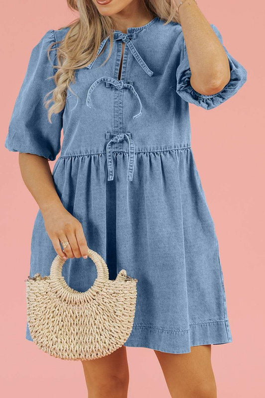 Bowknot Round Neck Half Sleeve Denim Dress - Trendsi - Flyclothing LLC