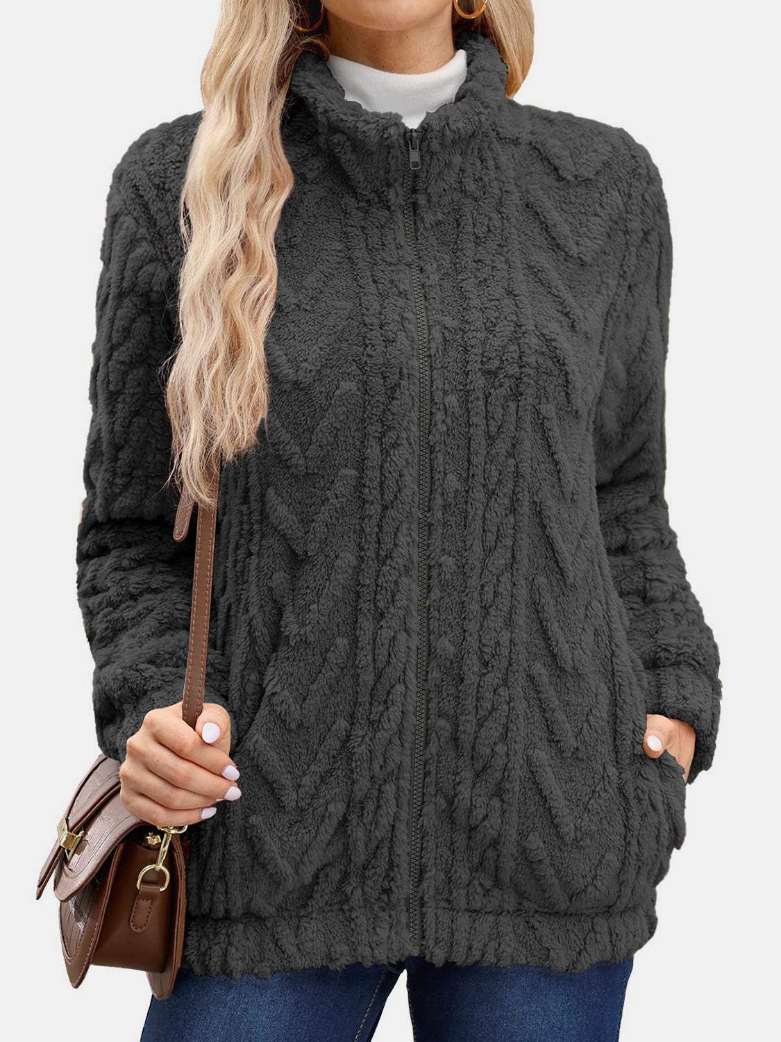 Fuzzy Zip Up Long Sleeve Jacket - Trendsi - Flyclothing LLC