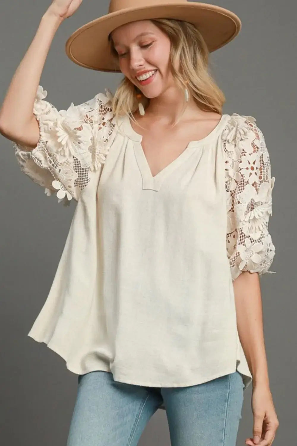 Umgee Full Size French Terry Boxy Cut Top with 3D Floral Sleeve Plus Size - Trendsi - Flyclothing LLC