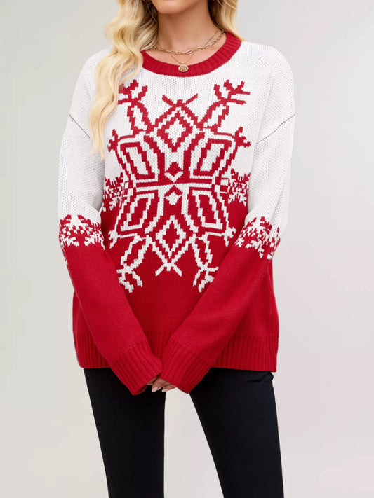 Christmas Snowflake Round Neck Sweater - Trendsi - Flyclothing LLC