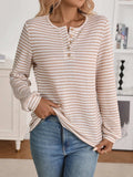 Striped Button Detail Long Sleeve Top - Trendsi - Flyclothing LLC