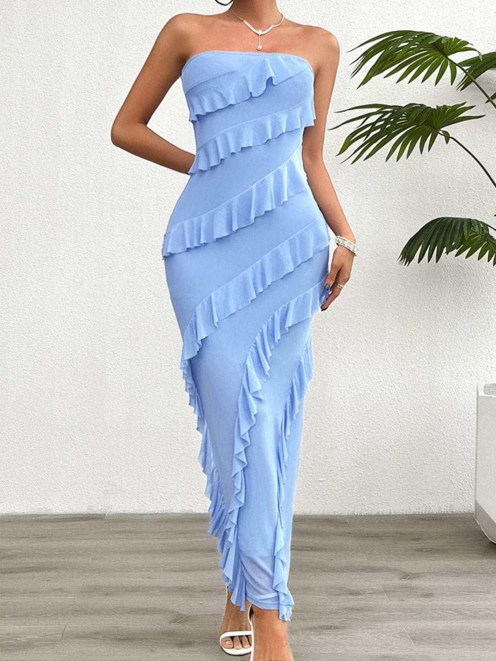 Devine Ruffled Slit Back Tube Maxi Dress - Trendsi - Flyclothing LLC