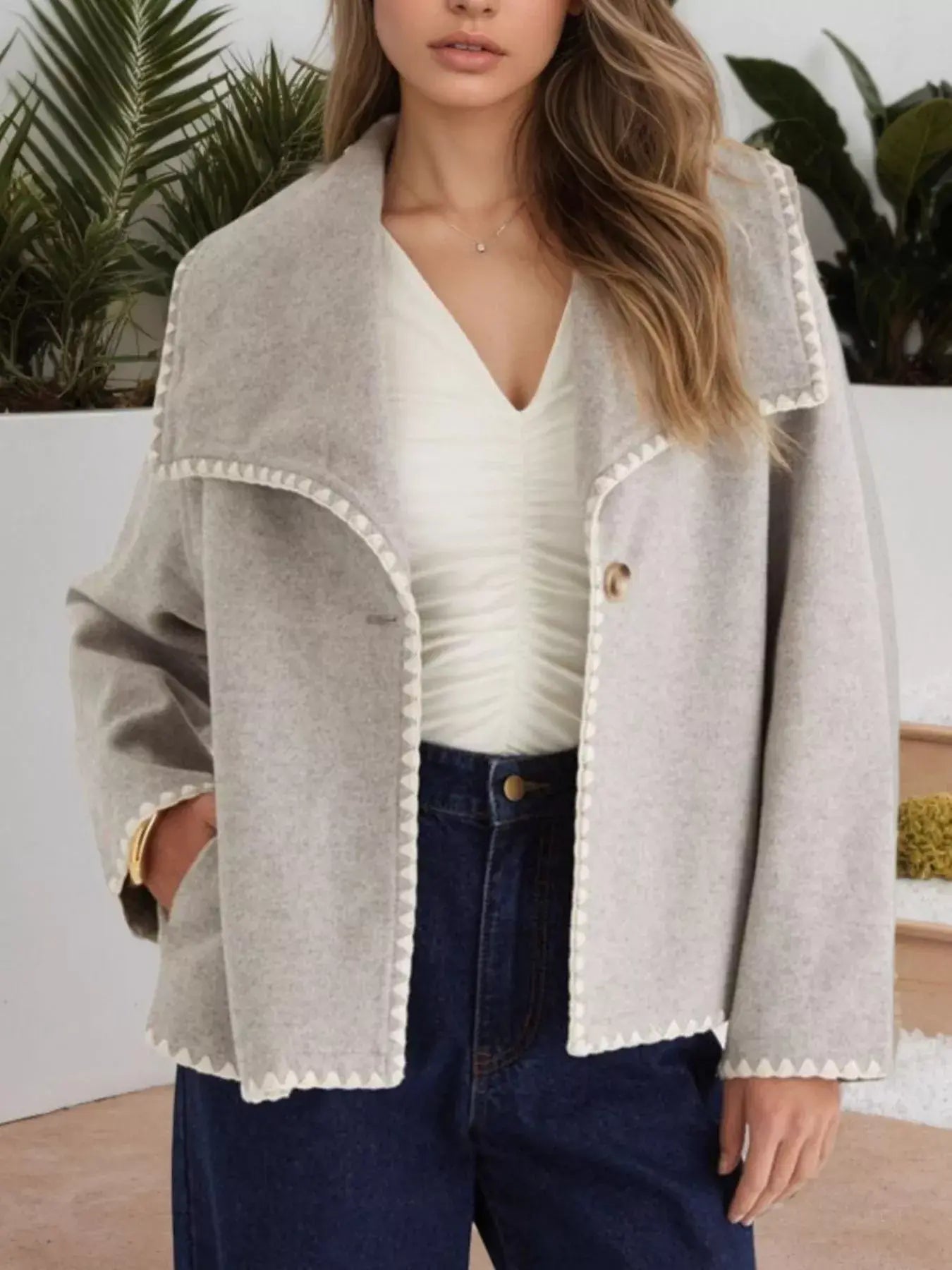 One Button Long Sleeve Outerwear - Trendsi - Flyclothing LLC
