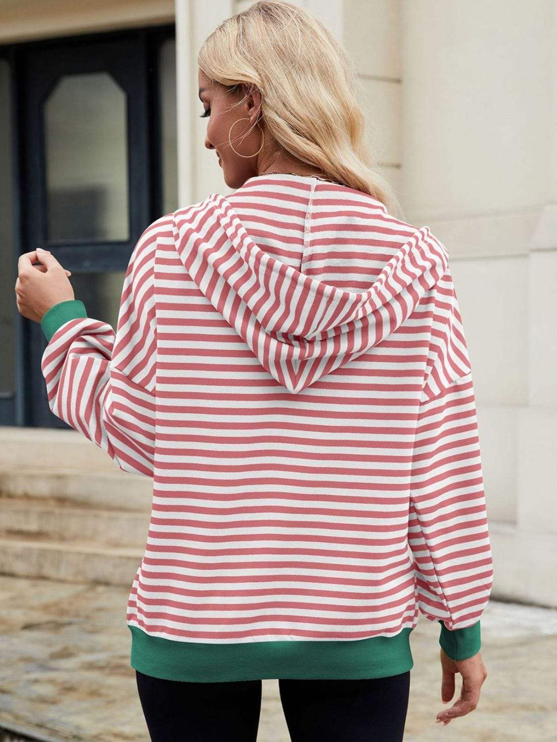 Drawstring Striped Zip Up Long Sleeve Hoodie - Trendsi - Flyclothing LLC