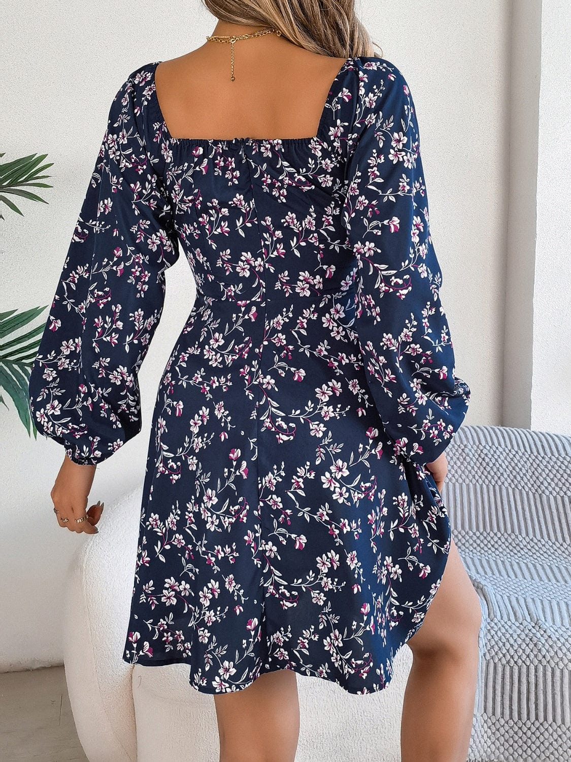 Printed Sweetheart Neck Balloon Sleeve Mini Dress - Trendsi