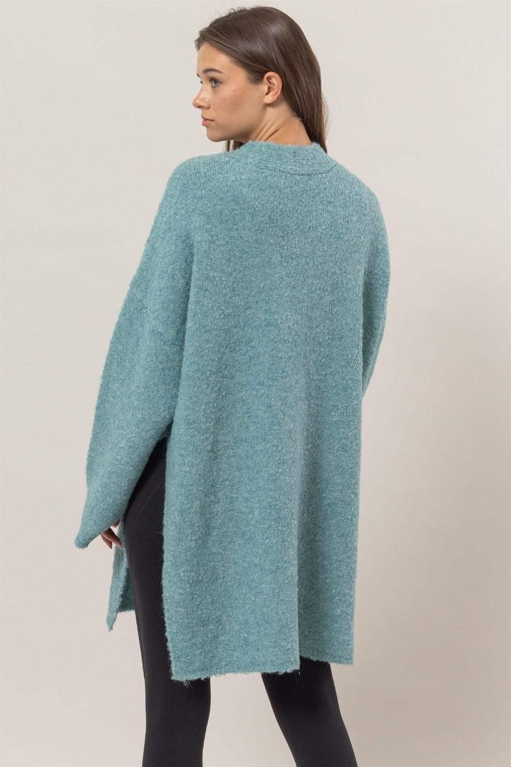 HYFVE Front Rosette Longline Slit Sweater Cardigan - Trendsi - Flyclothing LLC