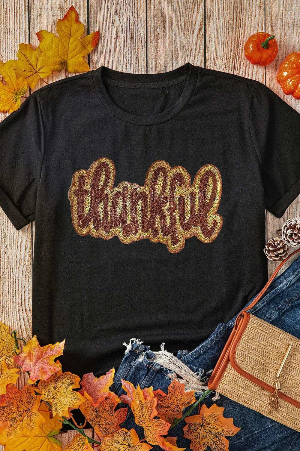 THANKFUL Sequin Round Neck Short Sleeve T-Shirt - Trendsi - Flyclothing LLC