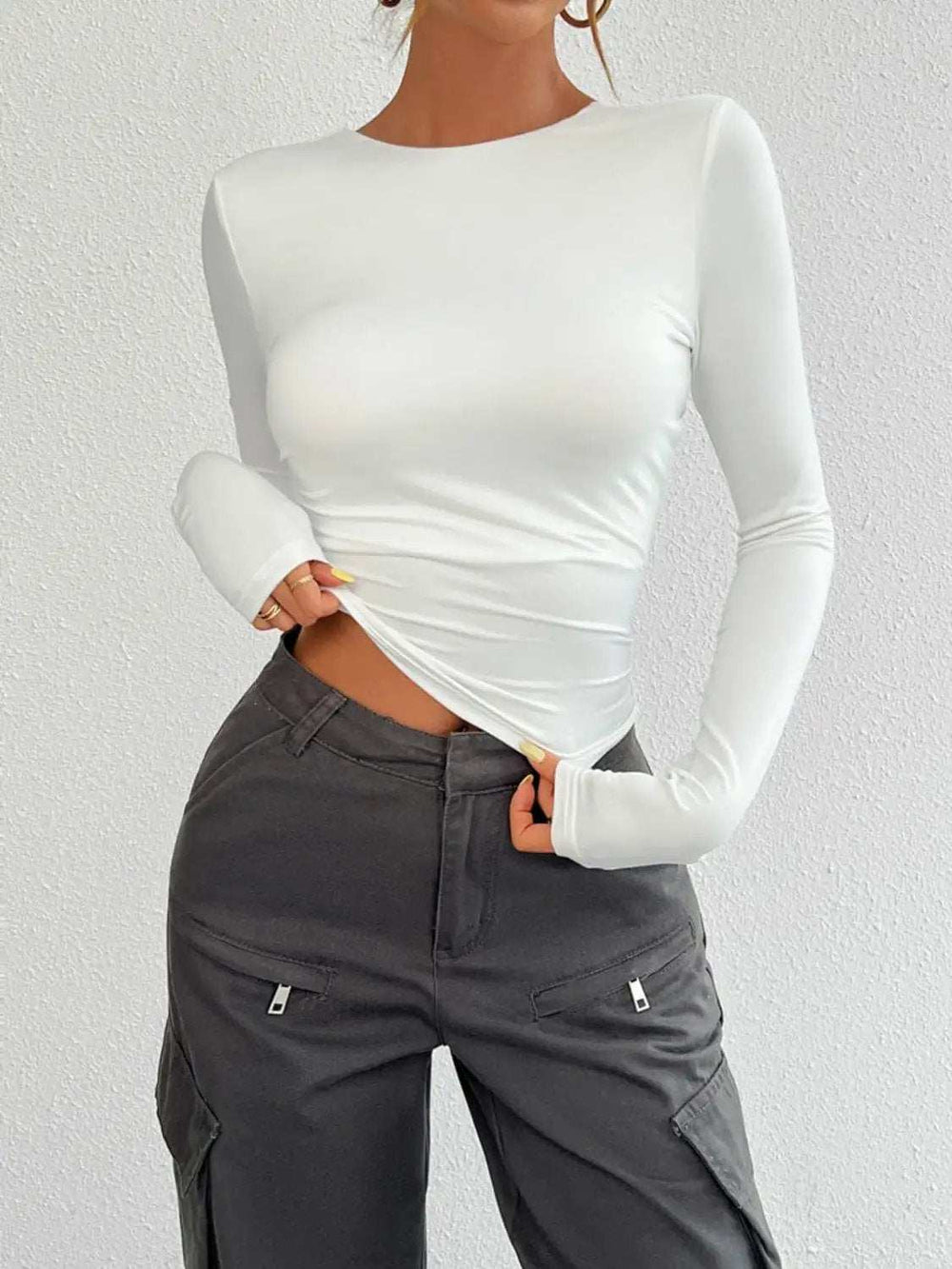 Backless Round Neck Long Sleeve T-Shirt - Trendsi - Flyclothing LLC