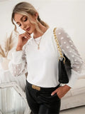 Swiss Dot Round Neck Long Sleeve Blouse - Trendsi