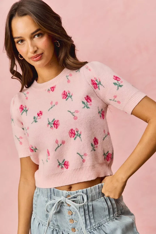 SO ME Floral Pattern Knit Puff Sleeves Sweater Top - Trendsi - Flyclothing LLC