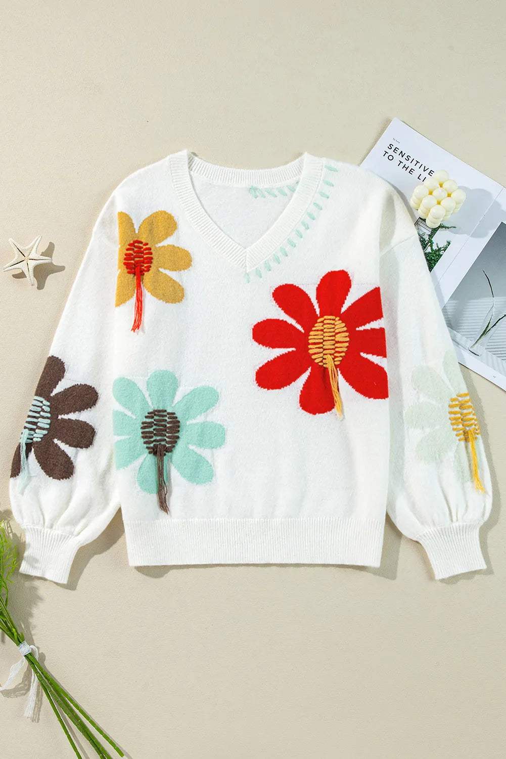 Flower V-Neck Dropped Shoulder Sweater - Trendsi - Flyclothing LLC
