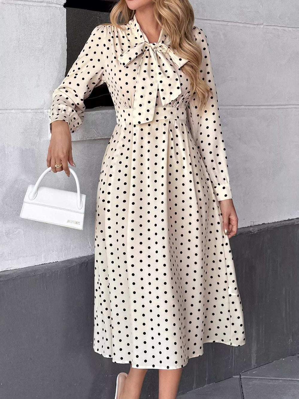 Polka Dot Tie Front Long Sleeve Midi Dress - Trendsi - Flyclothing LLC