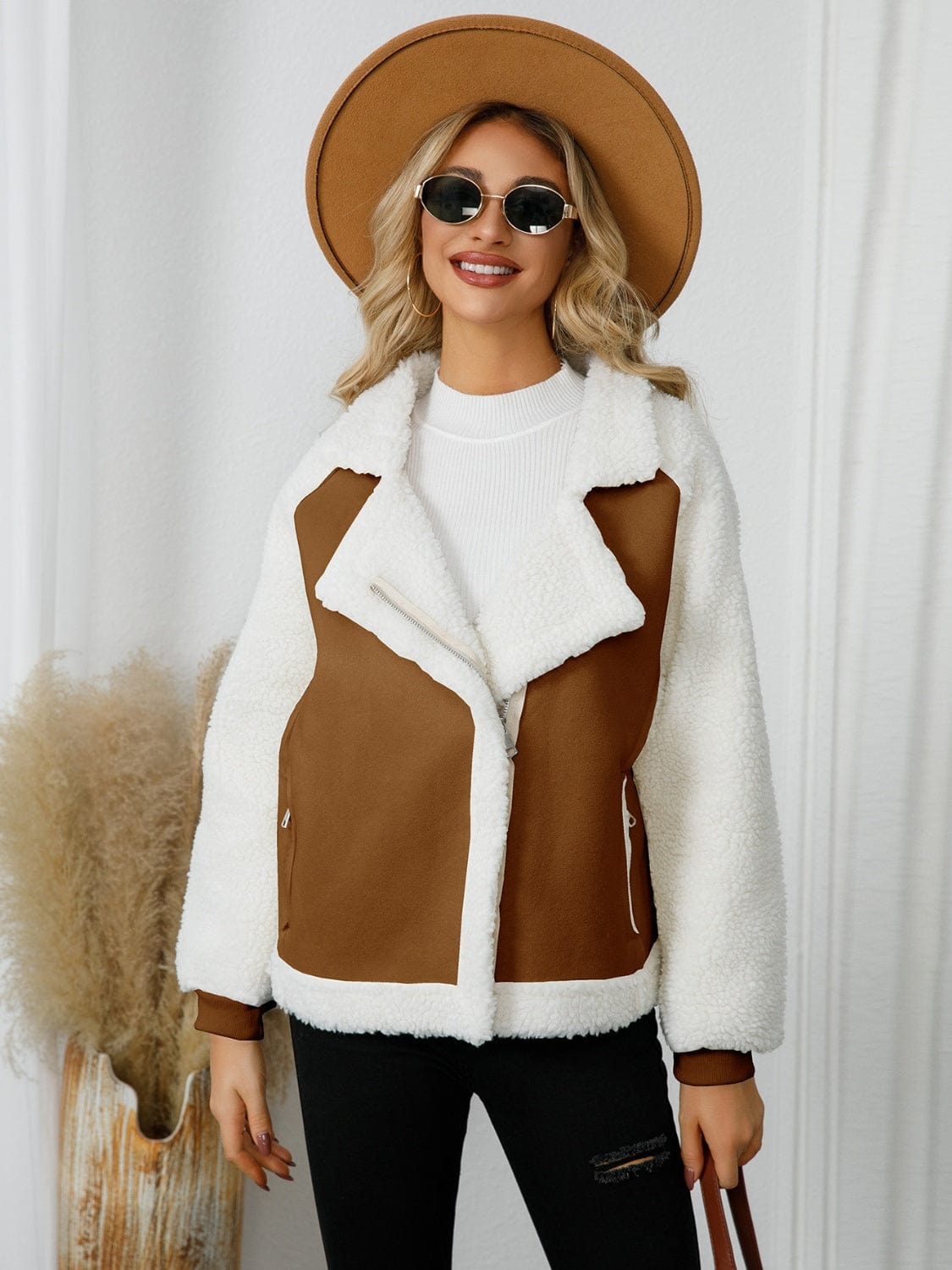 Pocketed Sherpa Zip Up Long Sleeve Jacket - Trendsi