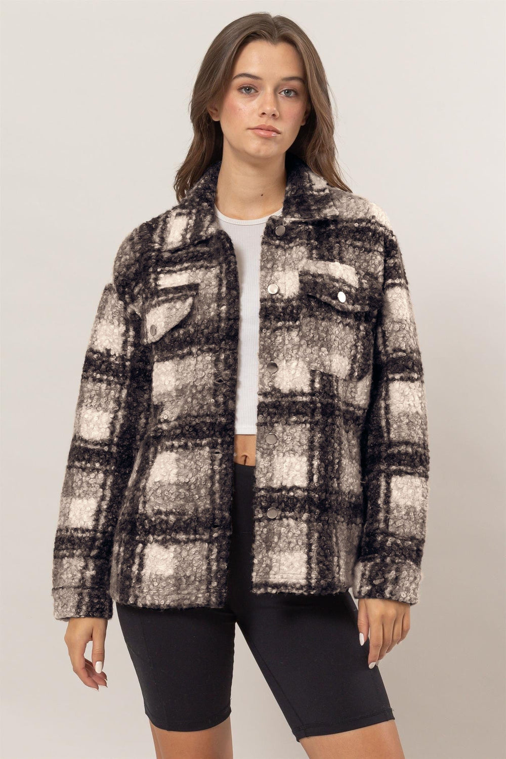 HYFVE Plaid Button Up Boucle Jacket - Trendsi