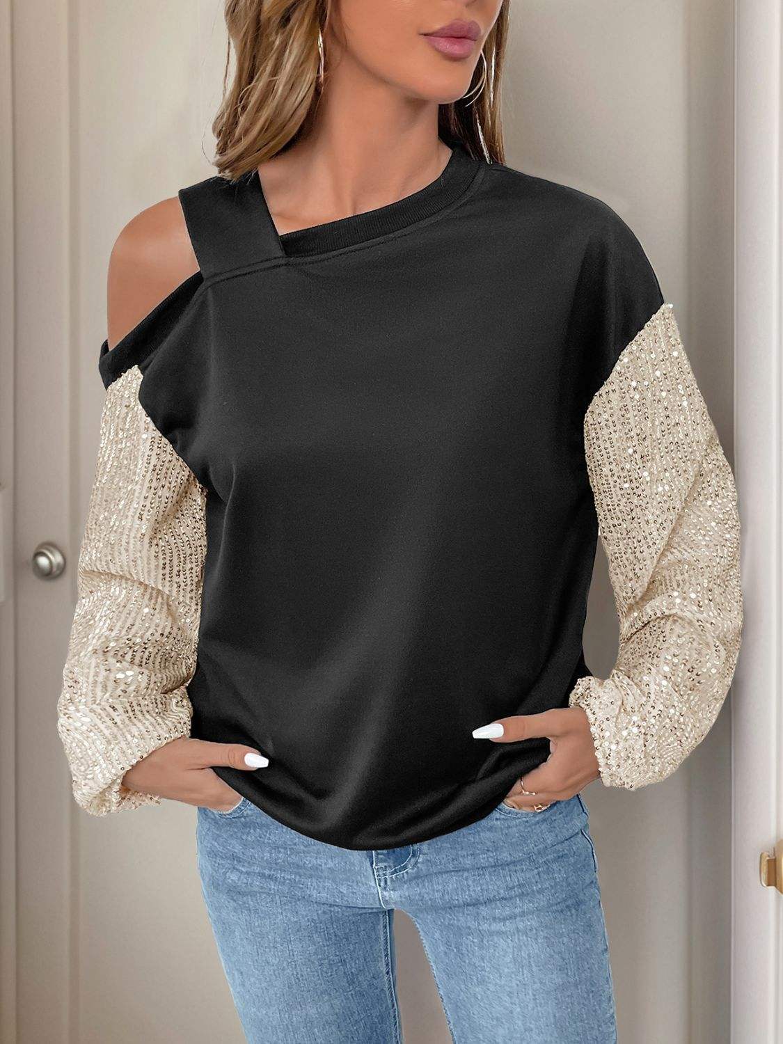 Perfee Sequin Asymmetrical Neck Long Sleeve Sweatshirt - Trendsi - Flyclothing LLC