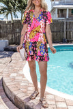 Printed Tie Neck Short Sleeve Mini Dress - Trendsi